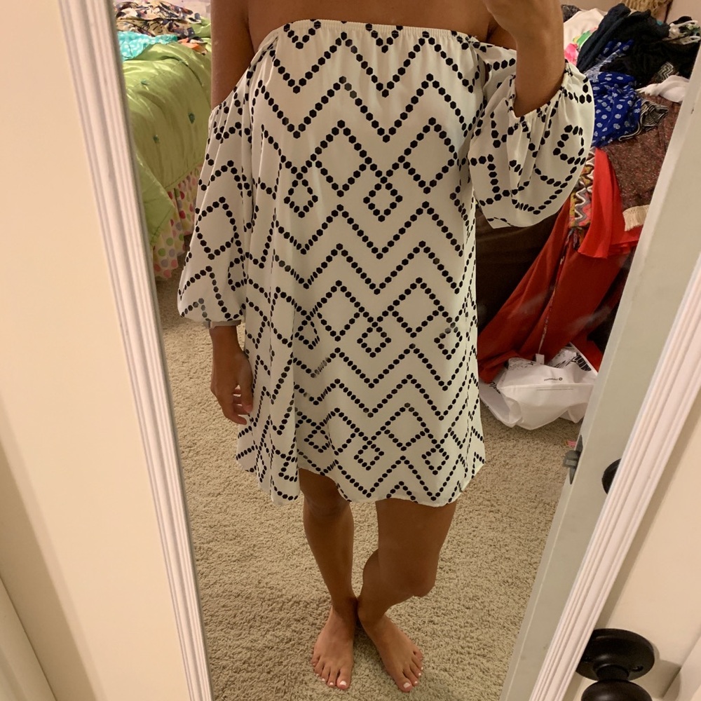 Sage Black and White Off The Shoulder Dress